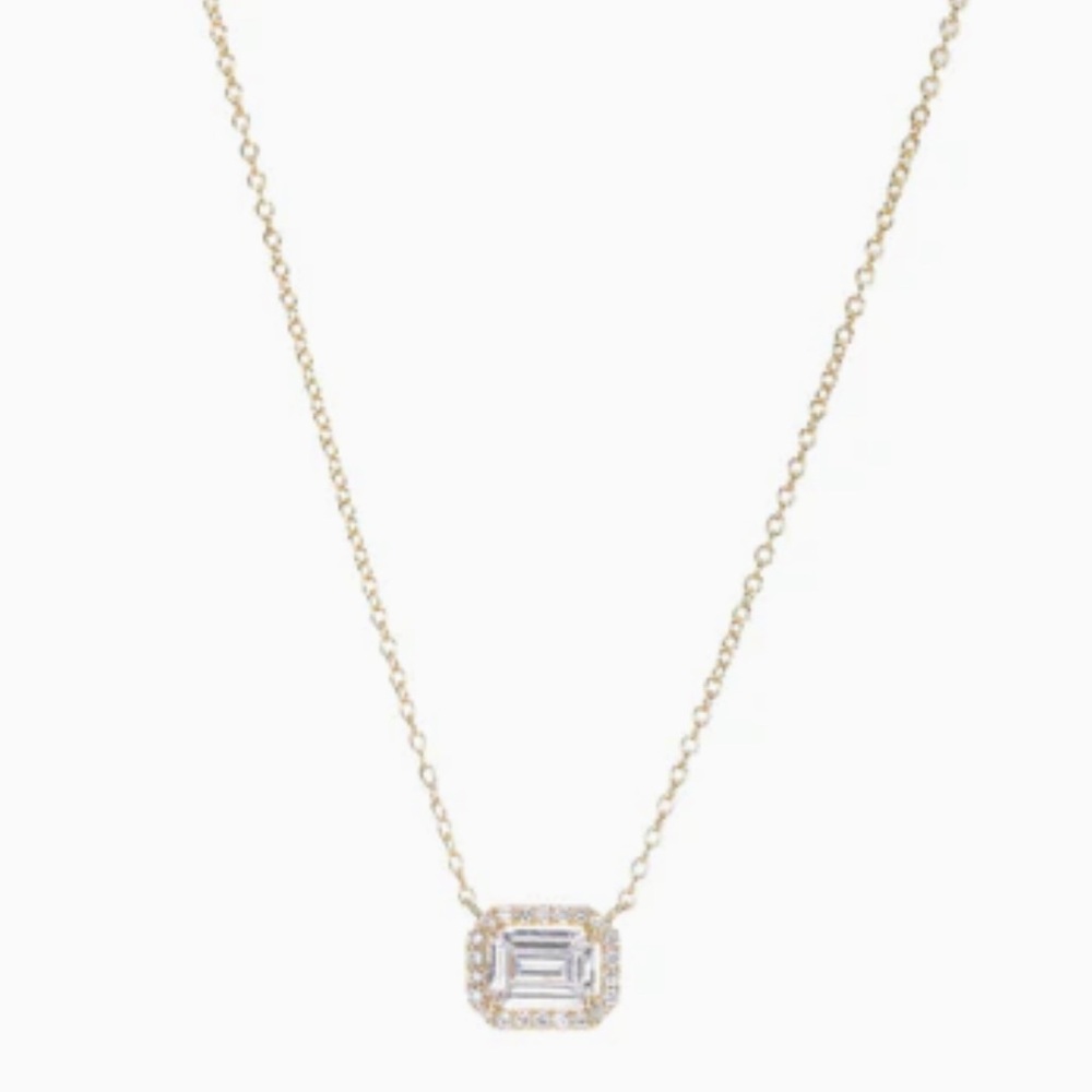 Adina Eden Solitaire Pendant Necklace 14K Gold Plated NWT Pave Outlined Baguette